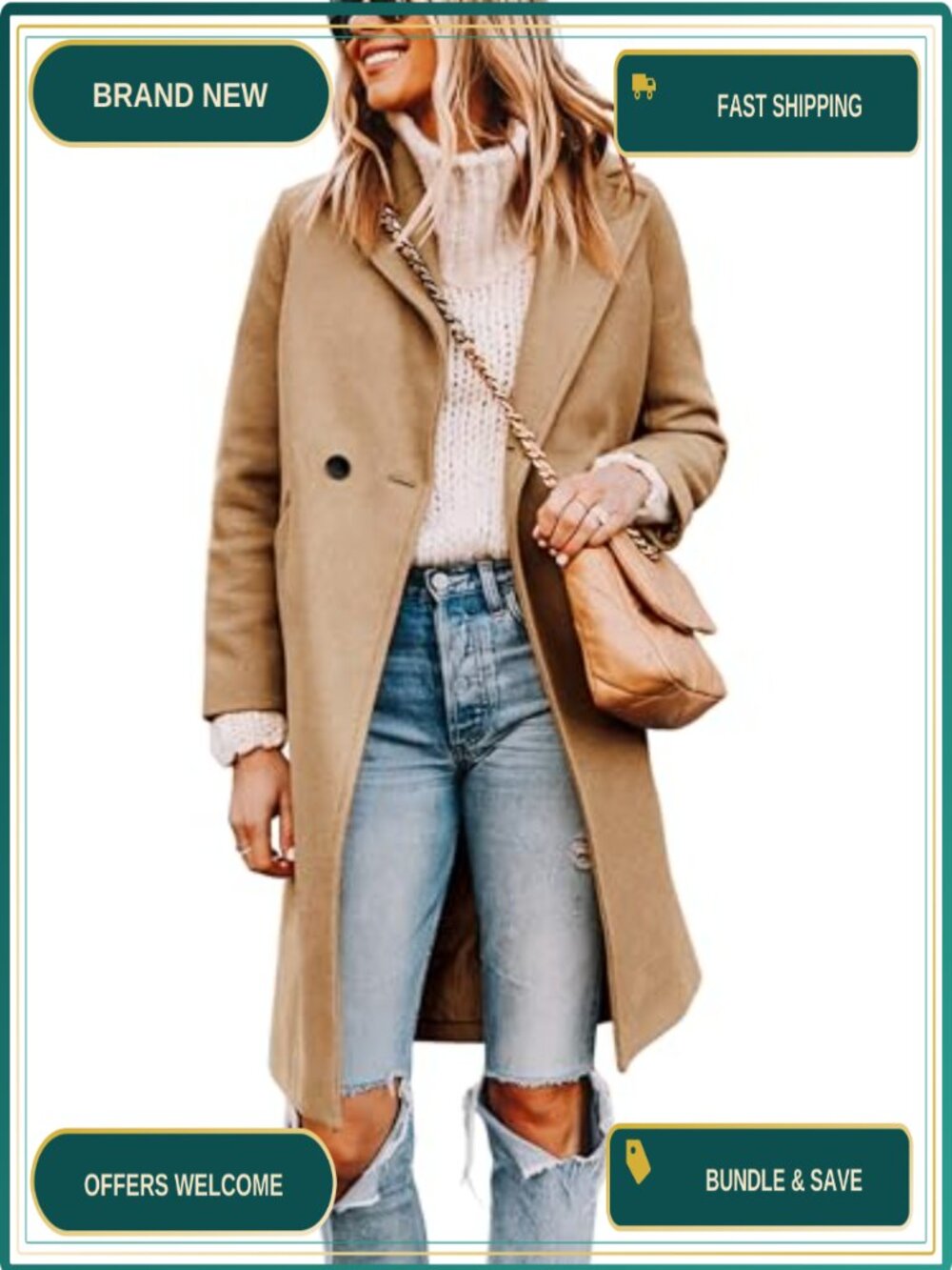 Wool Blend Pea Coat Long Sleeve Notch Collar Knee Length Trench
